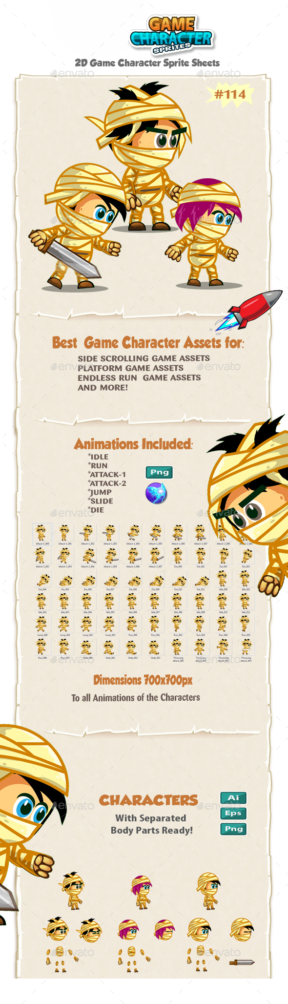 The Mummy Kids 2D Game Character Sprites 114 - Sprites Game Assets