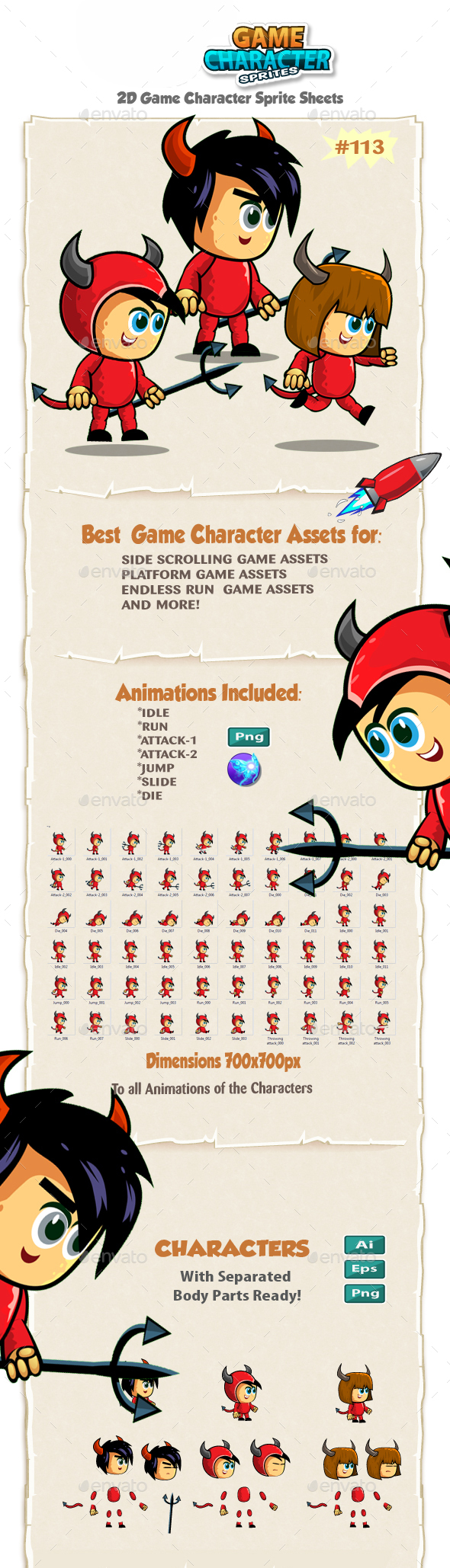 Devil Kids 2D Game Character Sprites 113 - Sprites Game Assets