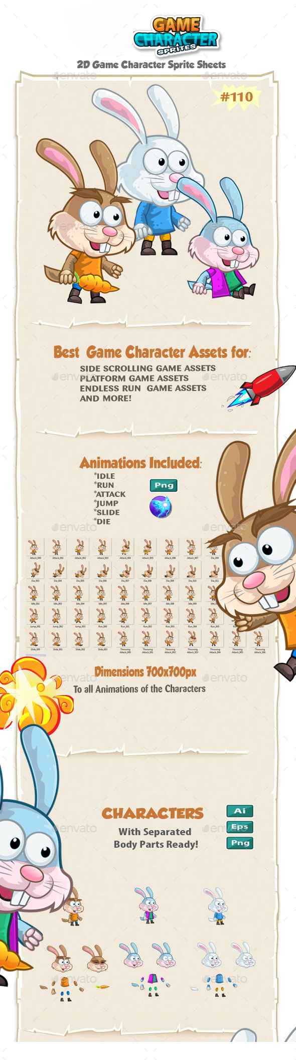 Rabbit 2D Game Character Sprites 110 - Sprites Game Assets