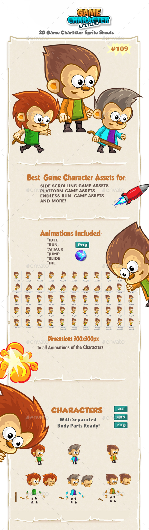 Monkeys 2D Game Character Sprites 109 - Sprites Game Assets