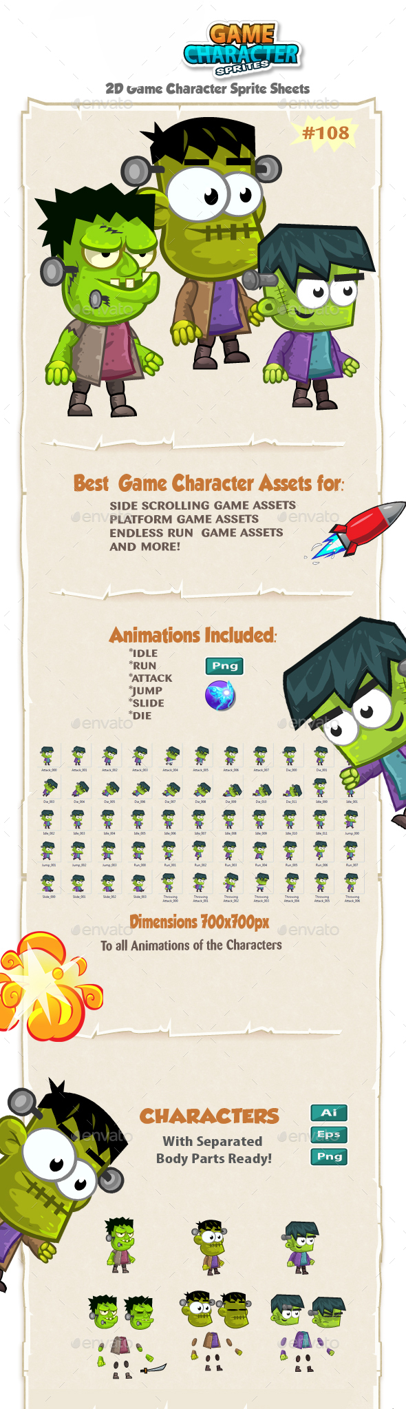 Frankenstein 2D Game Character Sprites 108 - Sprites Game Assets