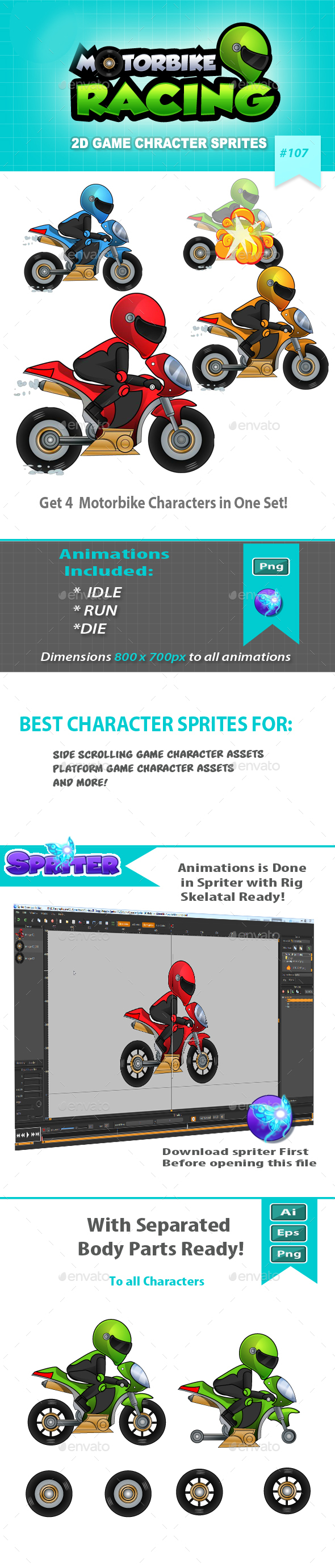 Racing Motorbike 2D Game Character Sprites - Sprites Game Assets
