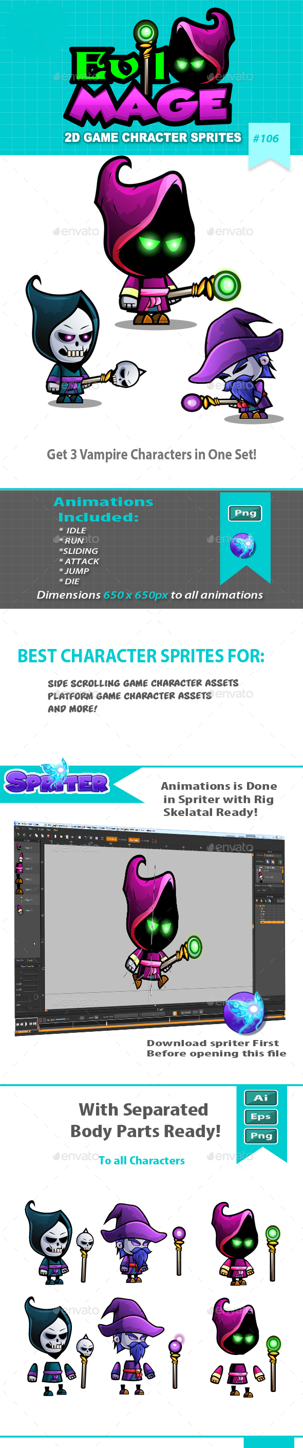Evil Mage 2D Game Character Sprites - Sprites Game Assets