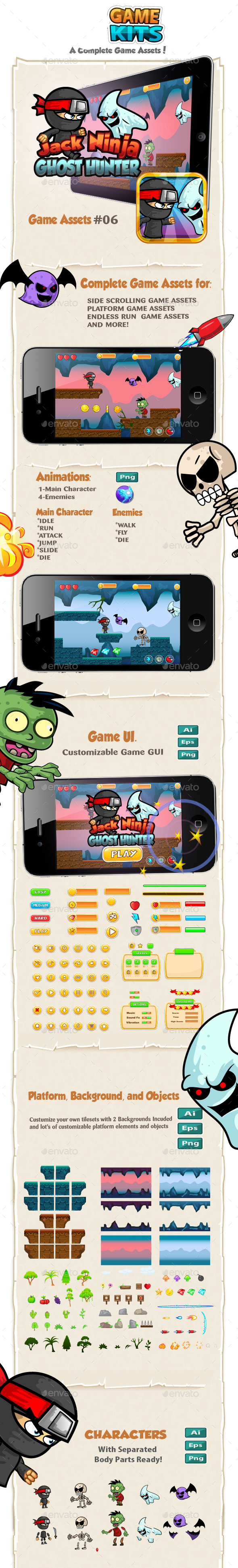 Jack Ninja - Ghost Hunter Platformer Game Kits - Game Kits Game Assets