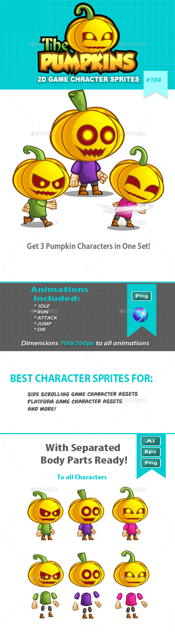 Pumpkins 2D Game Character Sprites - Sprites Game Assets