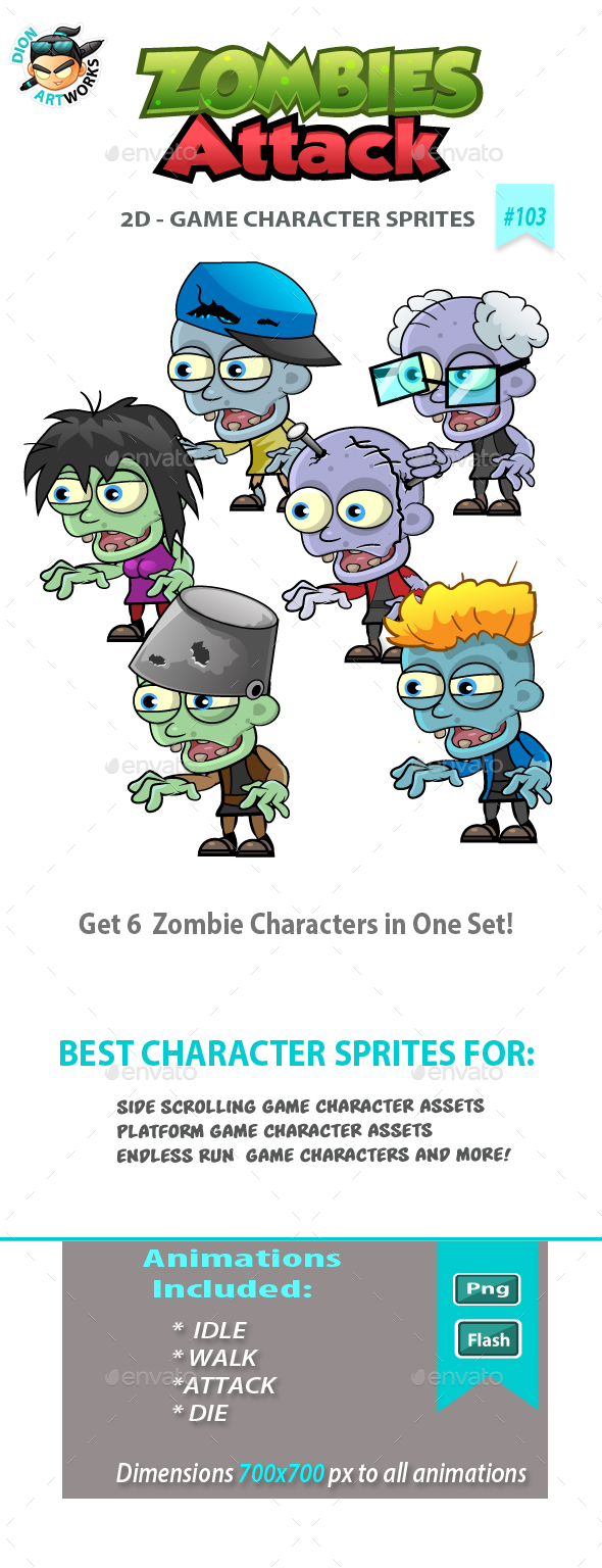 6 Zombies 2D Game Character Sprites - Sprites Game Assets
