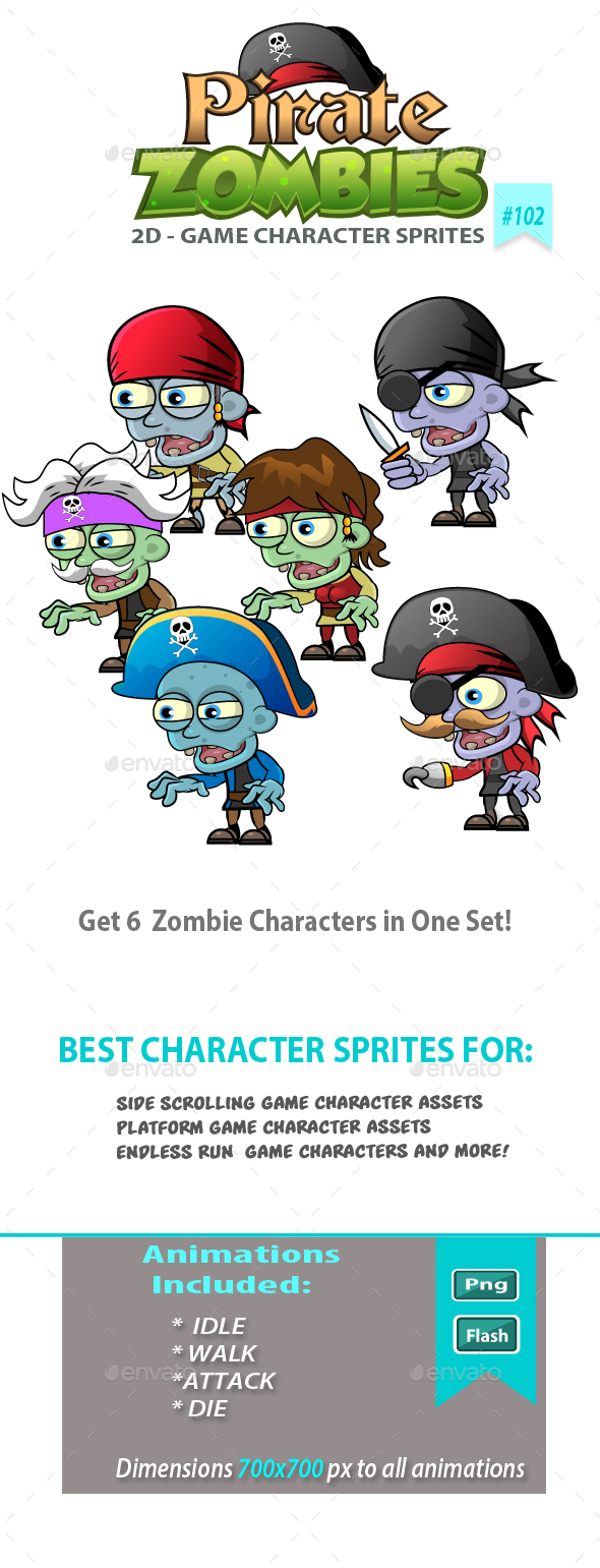 6 Pirate Zombies 2D Game Character Sprites - Sprites Game Assets