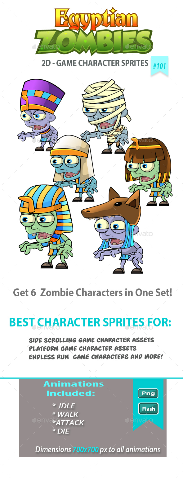 6 Egyptian Zombies 2D Game Character Sprites - Sprites Game Assets