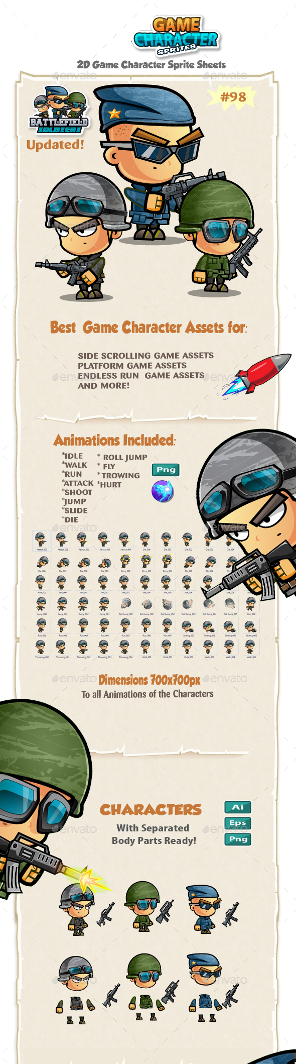 Soldiers 2D Game Character Sprites 98 - Sprites Game Assets