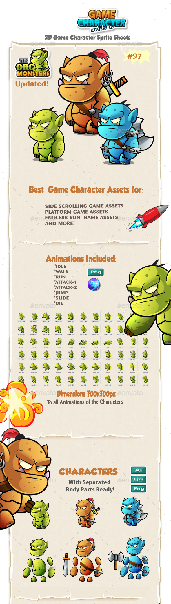 Orc 2D Game Character Sprites 97 - Sprites Game Assets