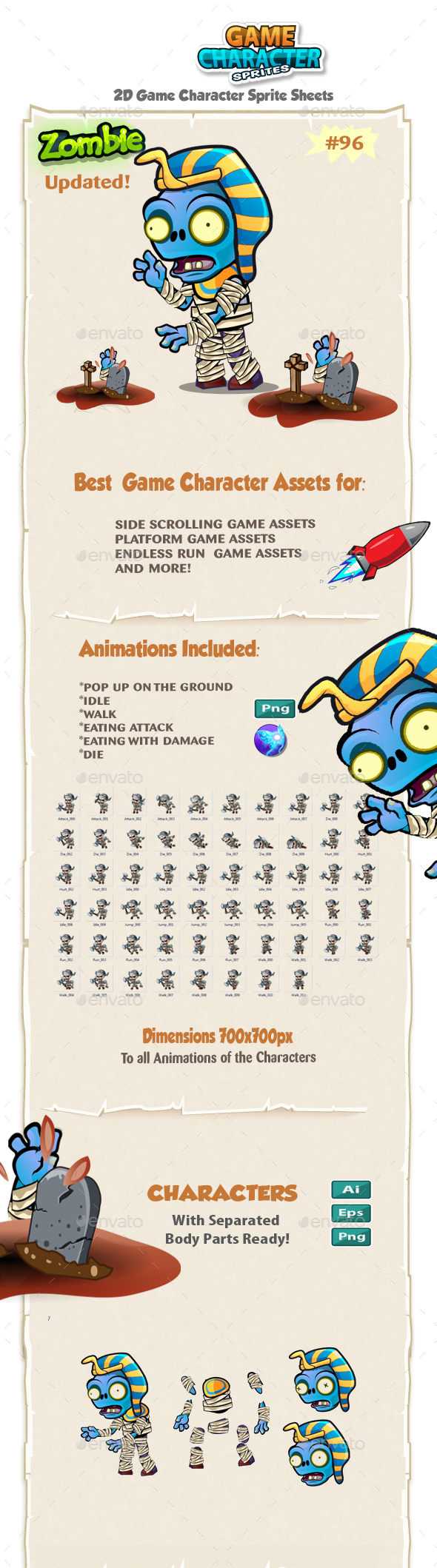Zombie 2D Game Character Sprites 96 - Sprites Game Assets