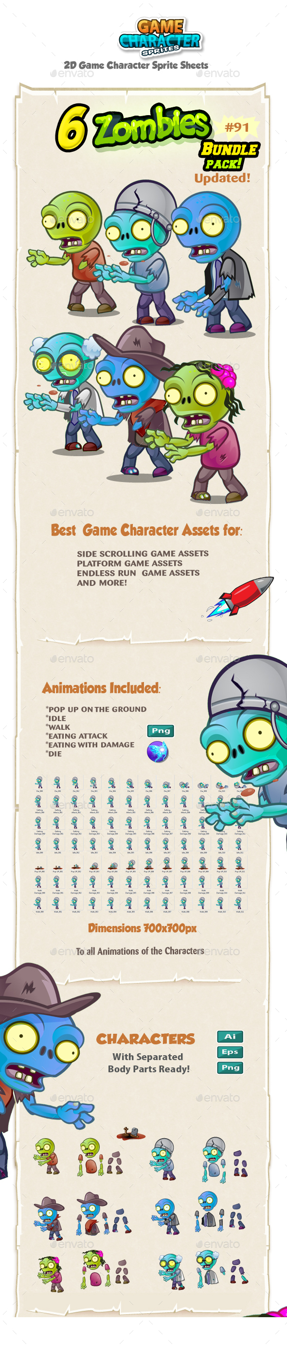 6 Zombie Characters Sprites Bundle Pack 91 - Sprites Game Assets
