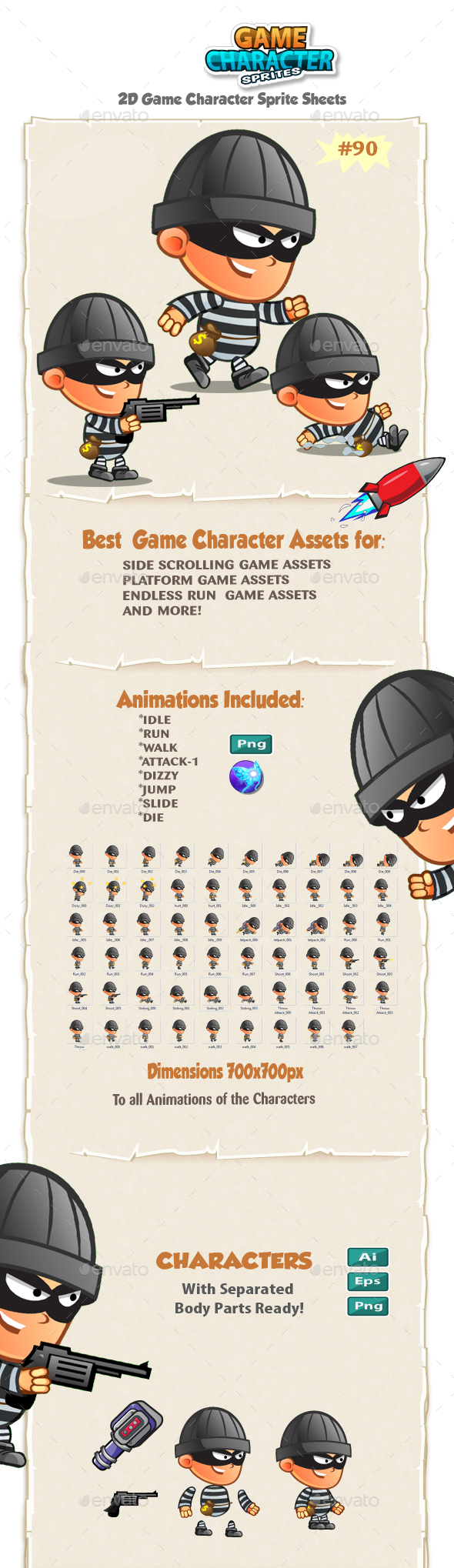 Robber 2D Game Character Sprites 90 - Sprites Game Assets