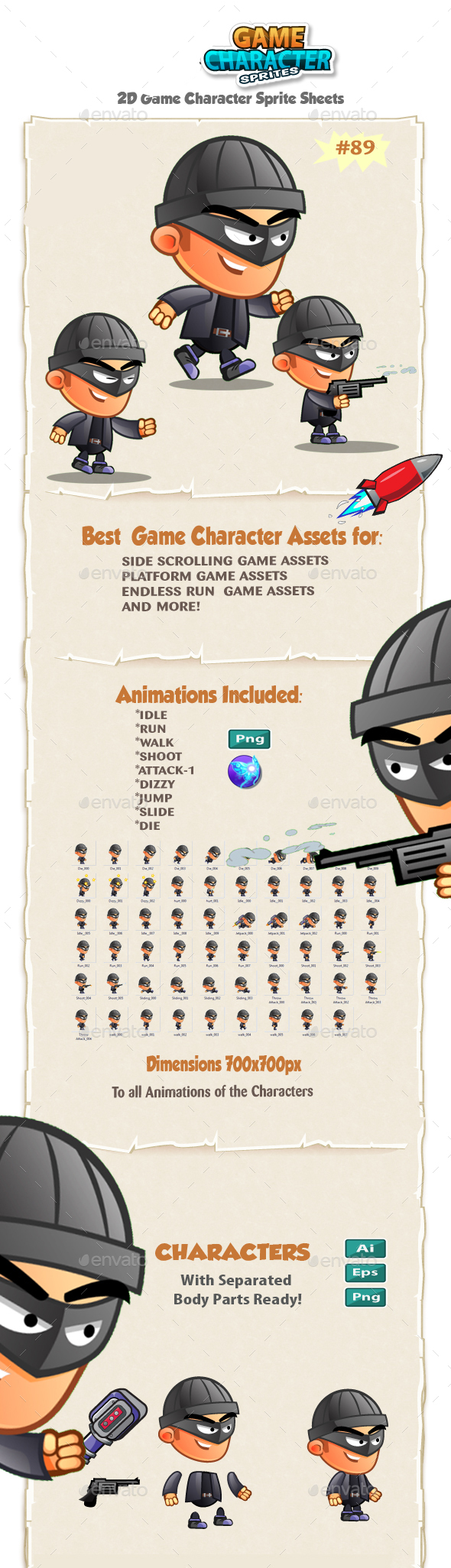 Bad Guy 2D game Character Sprites 89 - Sprites Game Assets