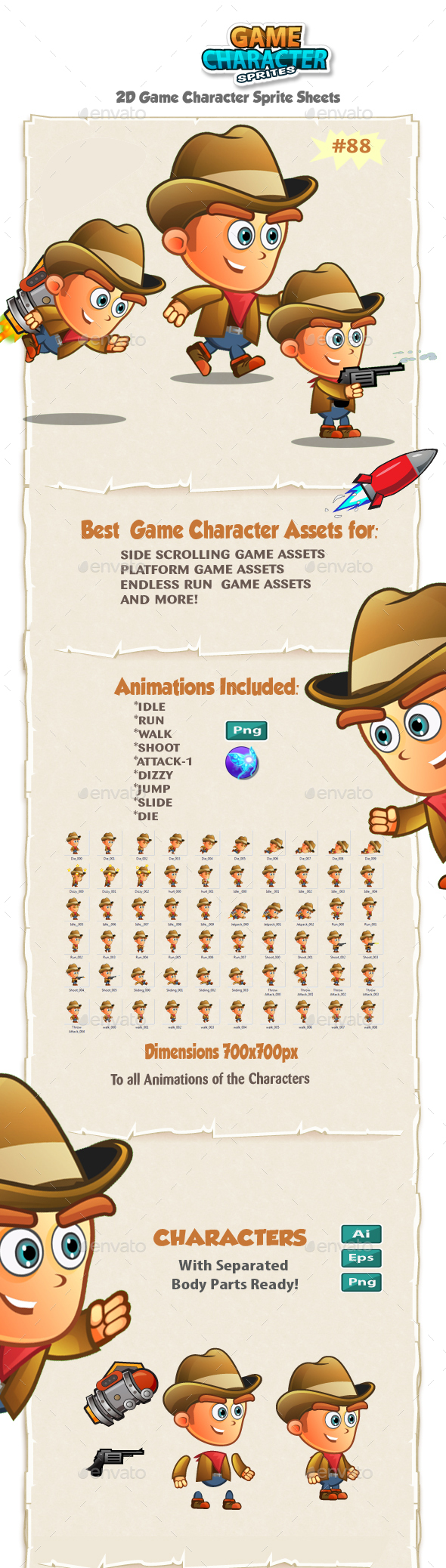 CowBoy 2D Game Character Sprites 88 - Sprites Game Assets