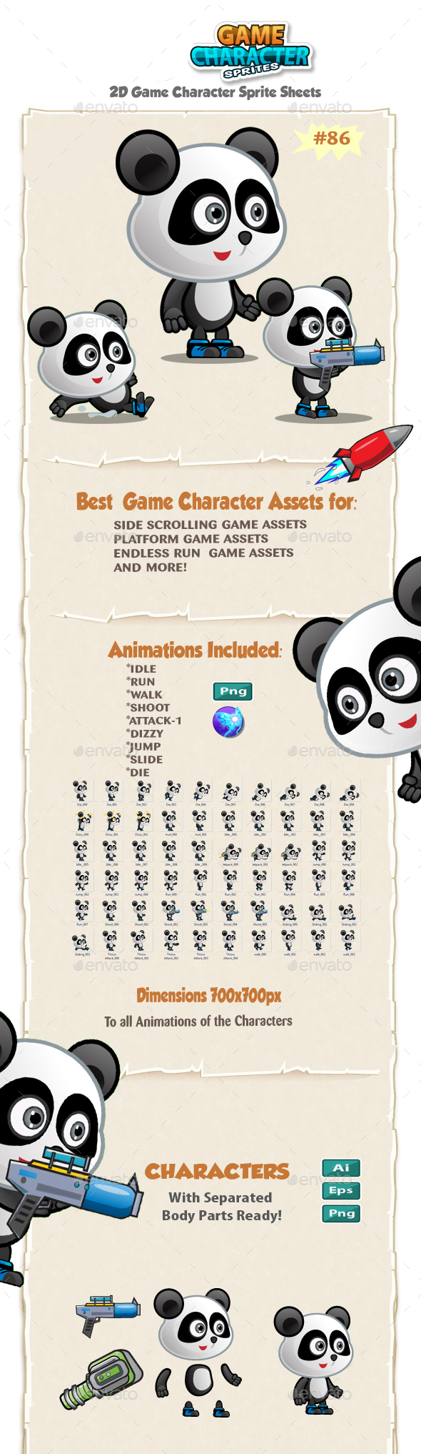 Panda 2D Game Character Sprites 86 - Sprites Game Assets