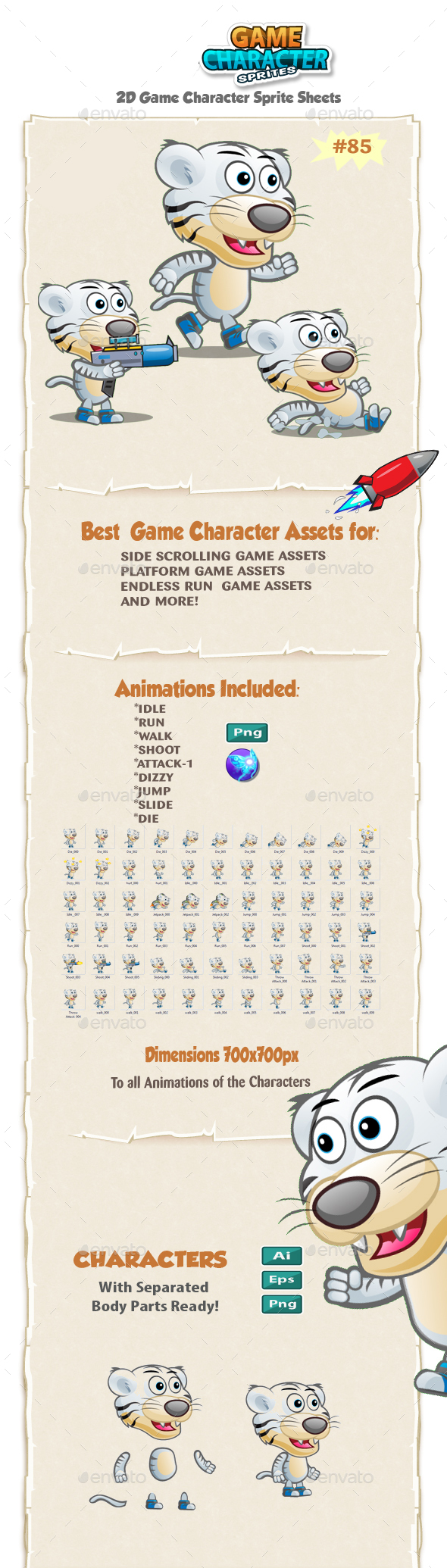 White Tiger 2D Game Character Sprites 85 - Sprites Game Assets