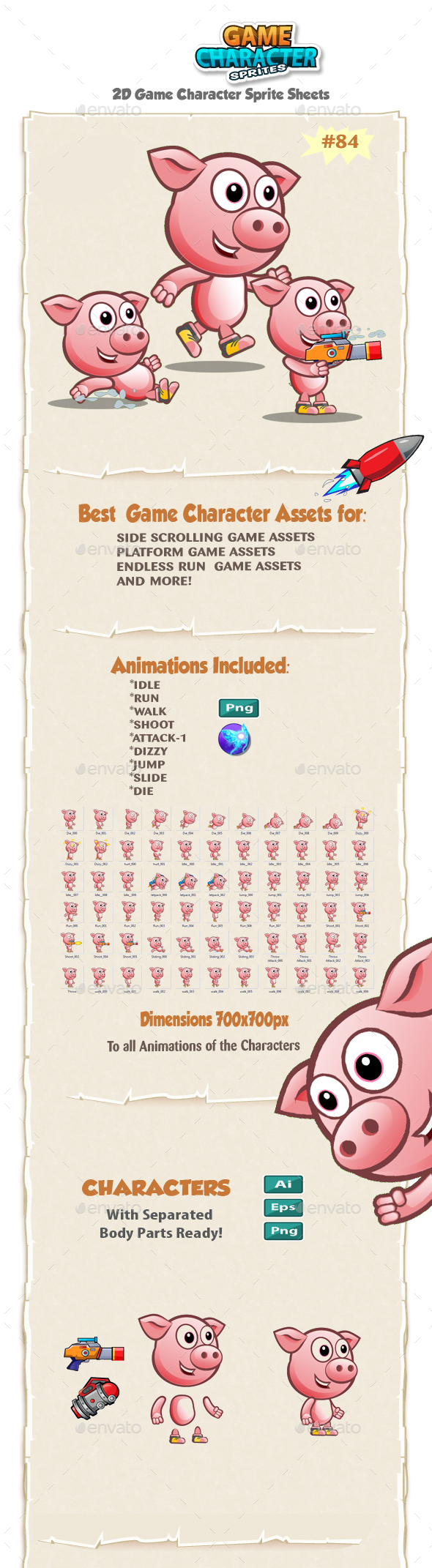Piggy 2D Game Character Sprites 84 - Sprites Game Assets