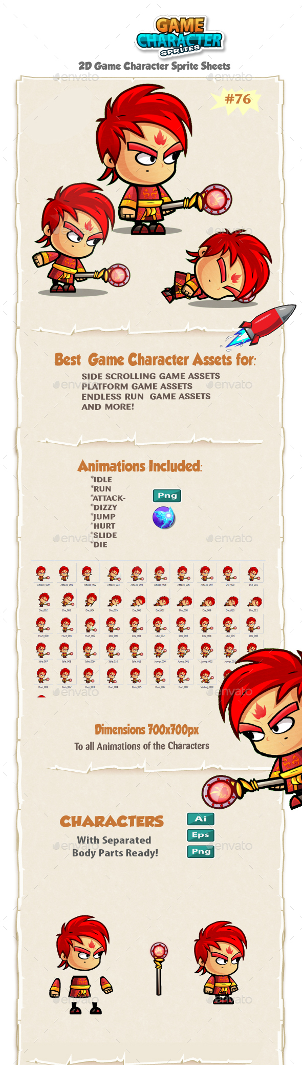 Fire Mage 2D Game Character Sprites 76 - Sprites Game Assets