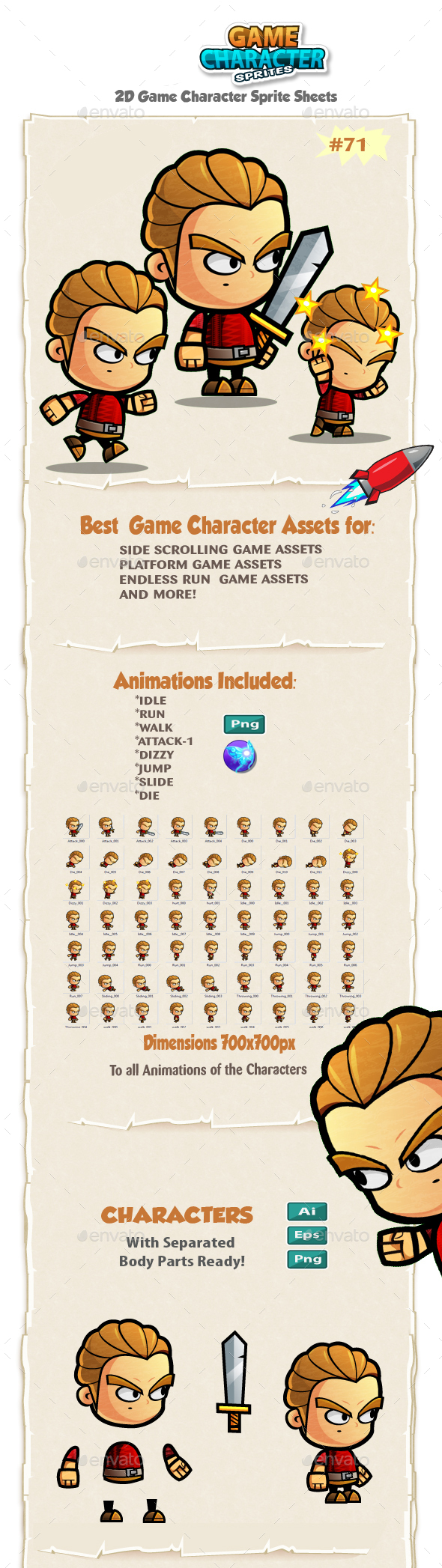 Warrior 2D Game Character Sprites 71 - Sprites Game Assets