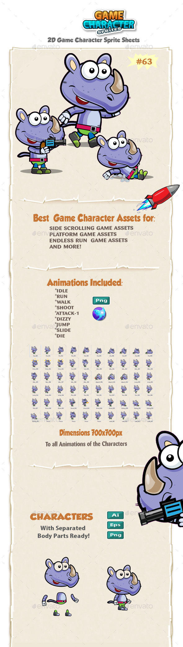 Rhino 2D Game Character Sprites 63 - Sprites Game Assets