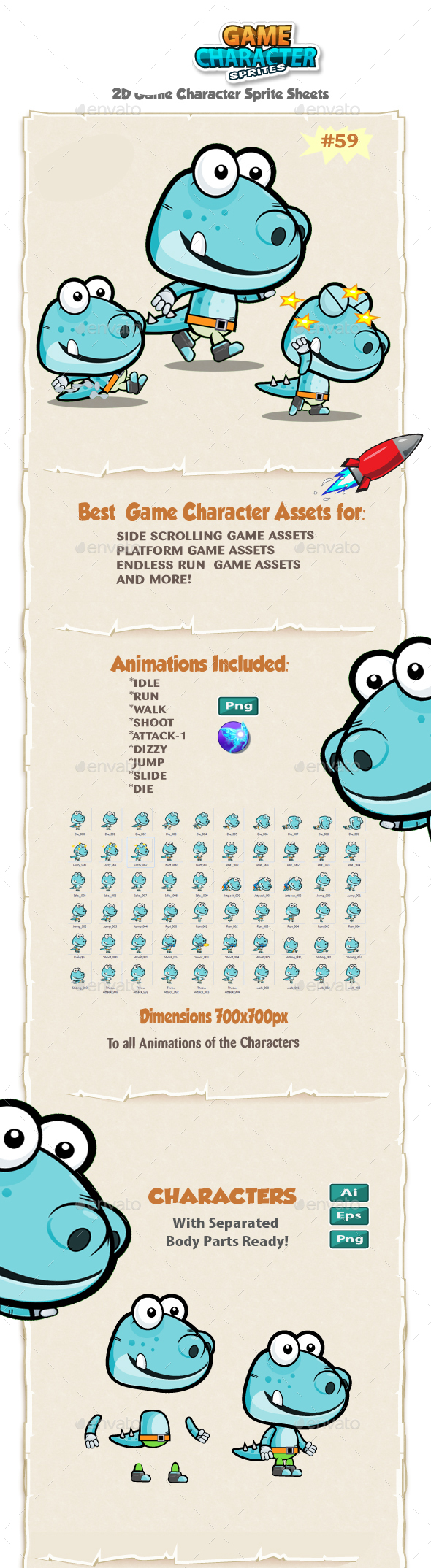 Dinosaur 2D Game Character Sprites 59 - Sprites Game Assets
