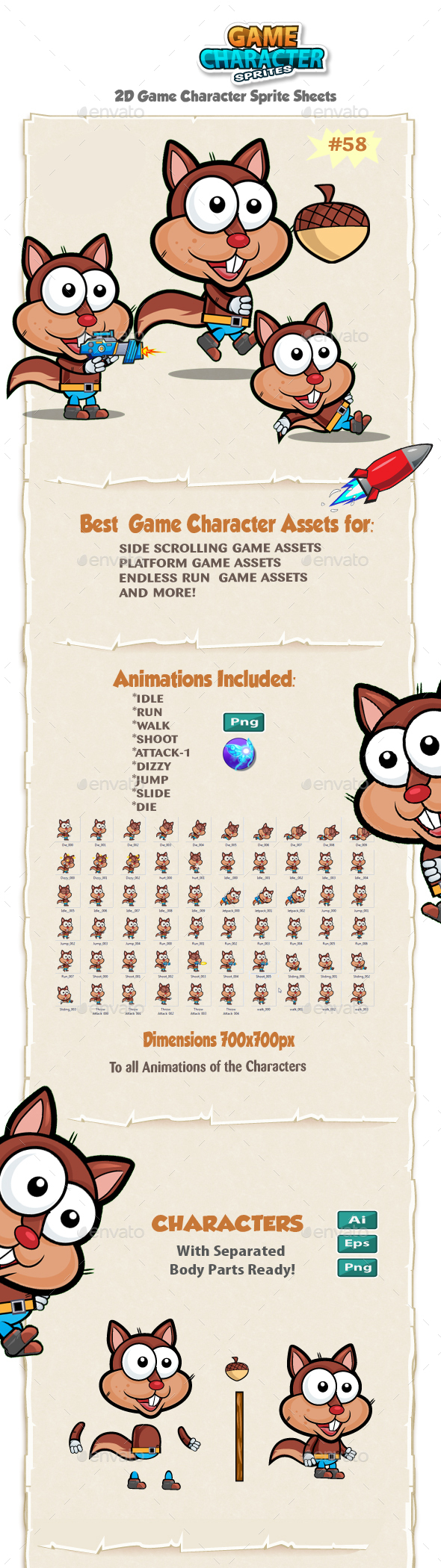 Squirrel 2D Game Character Sprites 58 - Sprites Game Assets