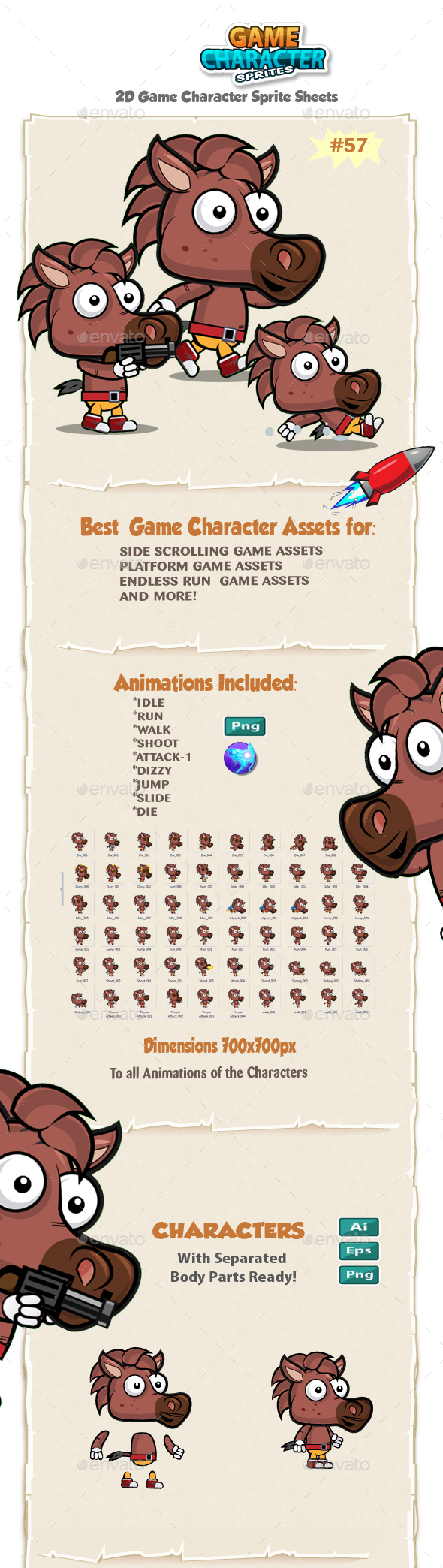 Horse 2D Game Character Sprites 57 - Sprites Game Assets