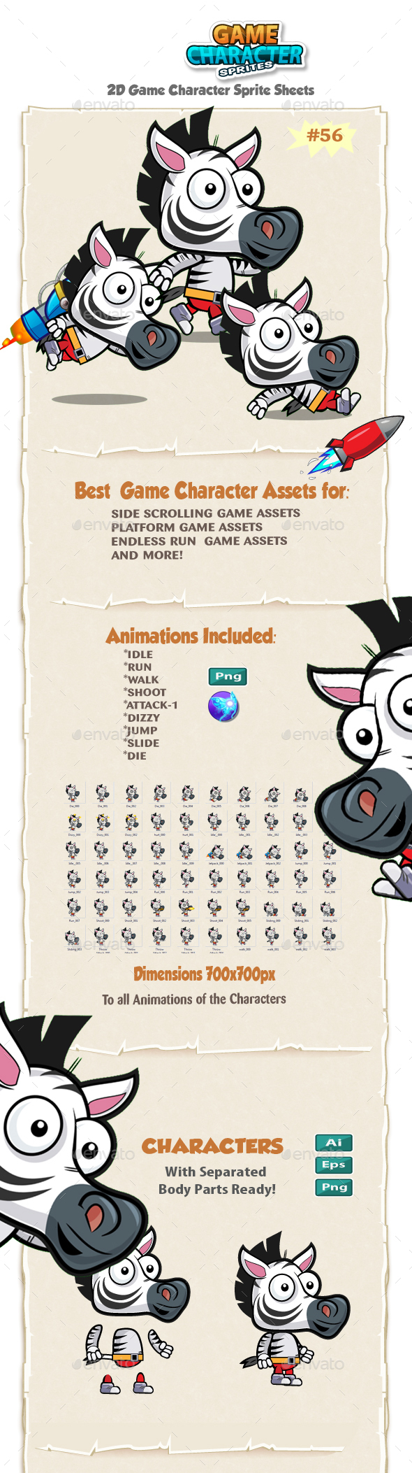 Zebra 2D Character Spritees 56 - Sprites Game Assets