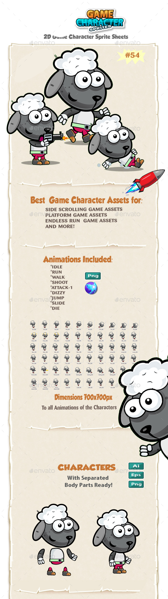 Sheep 2D Game Character Sprites 54 - Sprites Game Assets