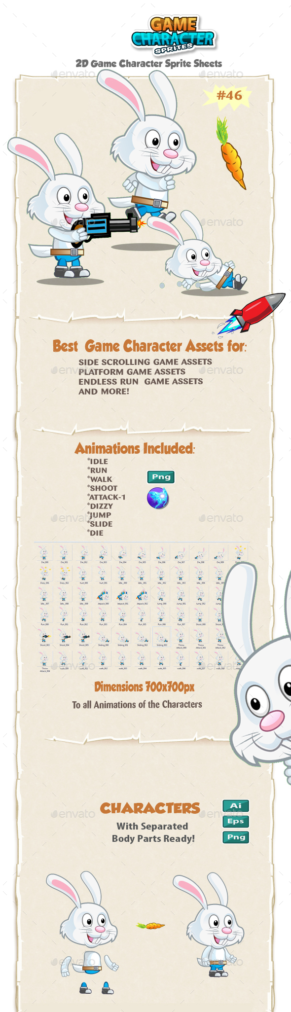 Rabbit 2D Game Character Sprites 46 - Sprites Game Assets