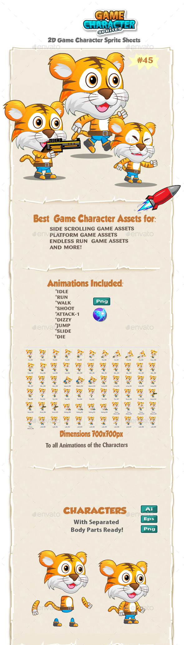 Tiger 2D Game Character Sprites 45 - Sprites Game Assets
