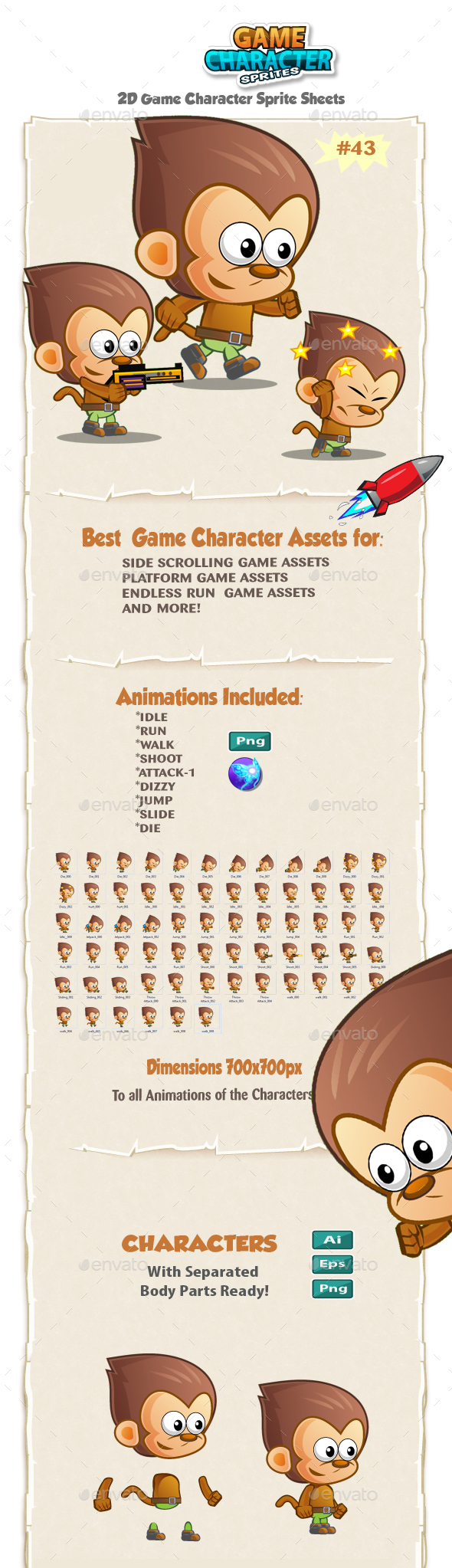 Monkey 2D Game Character Sprites 43 - Sprites Game Assets