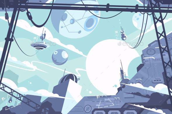 Space Colony with Rockets and Stations - Miscellaneous Vectors