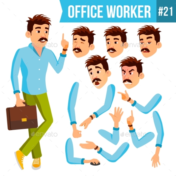 Office Worker Vector. Emotions, Gestures - People Characters