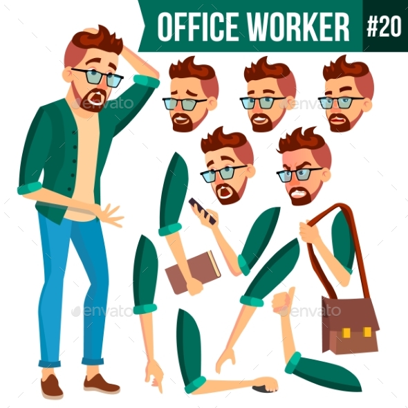 Office Worker Vector. Face Emotions, Gestures - People Characters