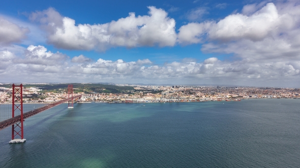 Top View of 25 De Abril Bridge and Belem District in Lisbon