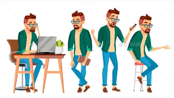 Business Man Character Vector. Hipster Working Man - People Characters