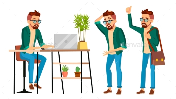 Business Man Character Vector. Hipster Working Man - People Characters