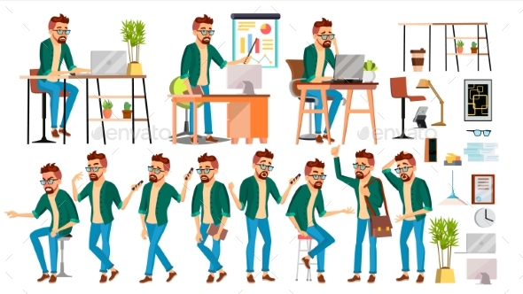 Business Man Character Vector. Hipster Working - People Characters