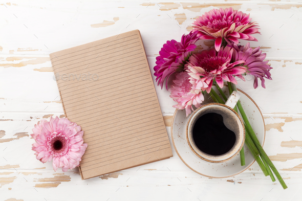 Coffee cup and gerbera flowers Stock Photo by karandaev | PhotoDune