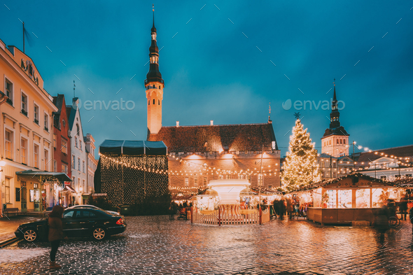 Tallinn, Estonia. Traditional Christmas Market On Town Hall Squa - Stock Photo - Images