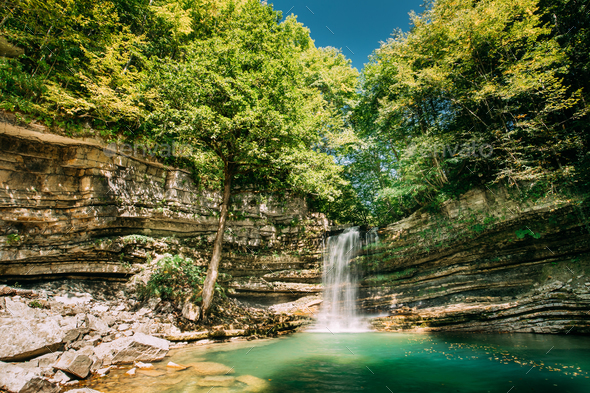 Small Waterfall In Okatse River. Natural Monument In Khoni Distr - Stock Photo - Images