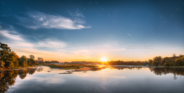 Panorama Of Autumn River Landscape In Europe At Sunrise. Sun Shi - Stock Photo - Images