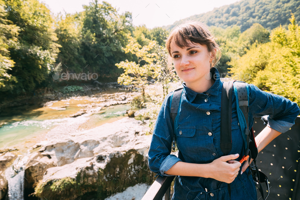 Martvili Canyon, Georgia. Tourist Young Beautiful Pretty Caucasi - Stock Photo - Images
