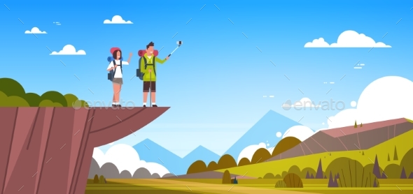 Couple Of Tourists With Backpacks Taking Selfie - People Characters
