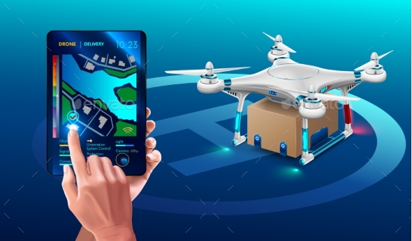 Postal Drone Landed with Carton Box Package - Miscellaneous Vectors