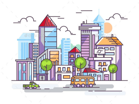 City Street with Tall Houses and Cars - Miscellaneous Vectors