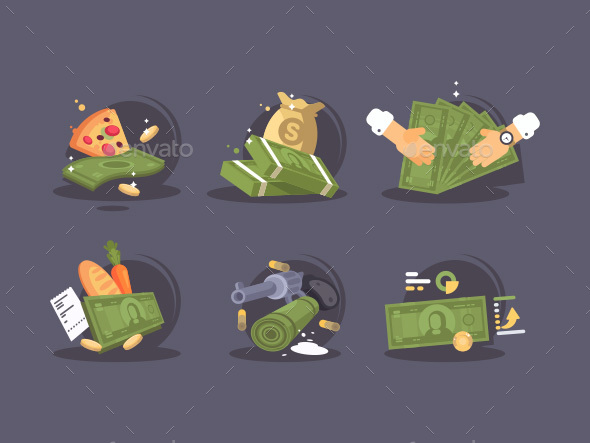 Money Banknotes Buy and Sale Icon Set - Man-made Objects Objects