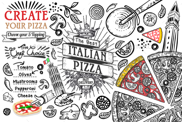Italian Food Ingredients Pizza Doodle - Food Objects